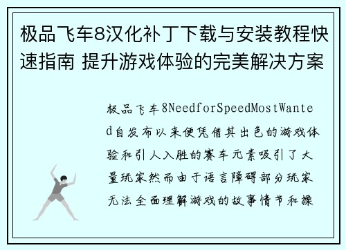 极品飞车8汉化补丁下载与安装教程快速指南 提升游戏体验的完美解决方案